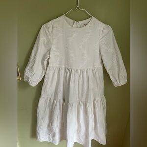 Mauve white embroidered tiered dress. Round neck, long sleeve Size 12